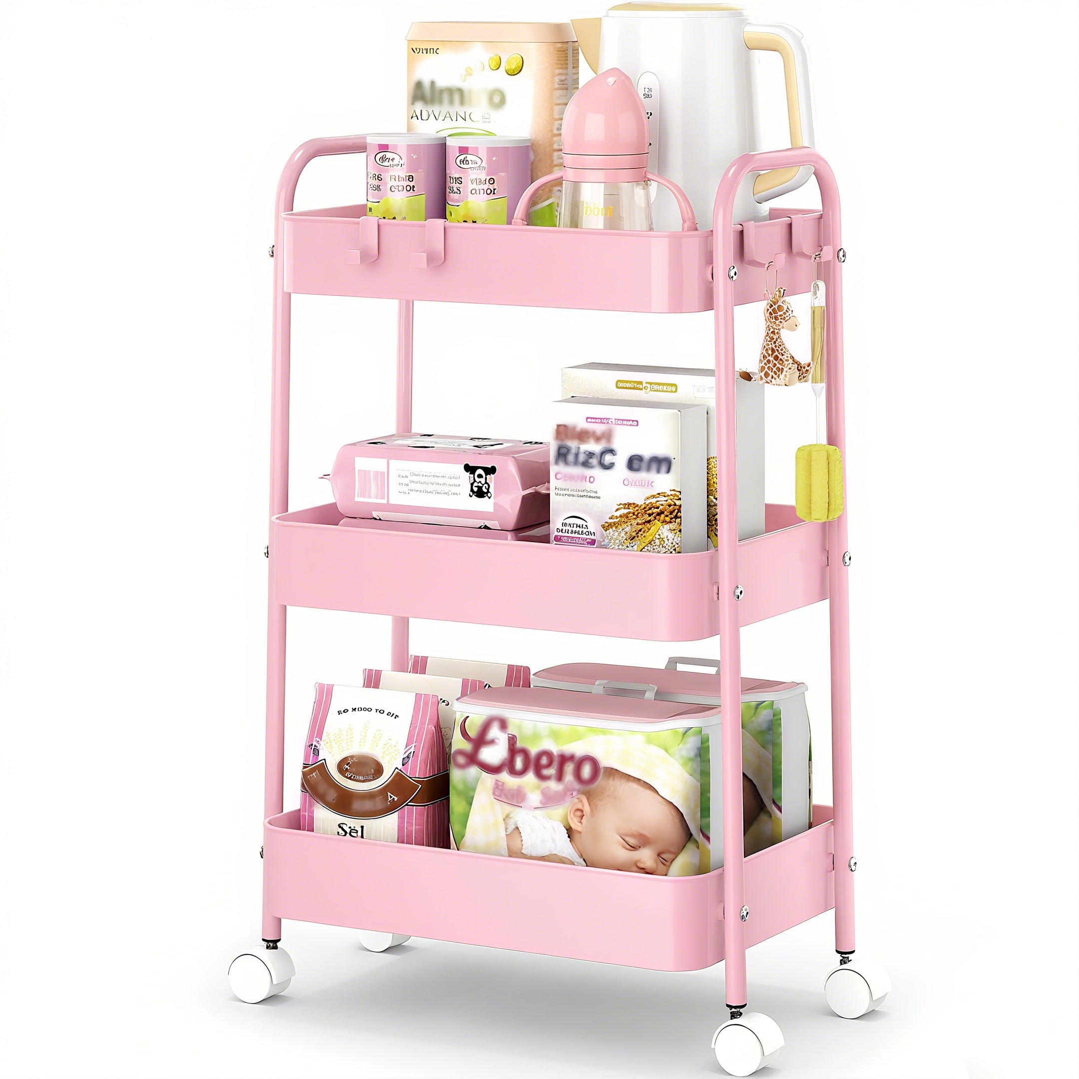Baby Nursery Basket - รถเข็นโลหะ 3 ชั้นพร้อมล้อเลื่อน สีชมพูทันสมัย รถเข็นเก็บของอเนกประสงค์พร้อมตะกร้าตาข่ายแข็งแรง ทนทาน