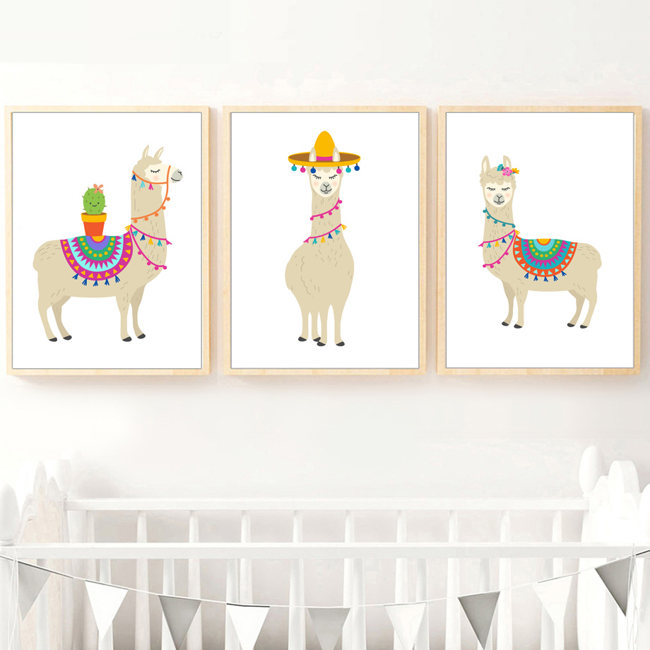 Baby Nursery Mirror - การ์ตูน Llama Cactus Nursery Wall Art