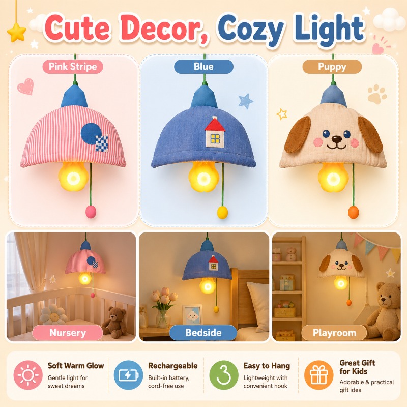 Baby Nursery Lampshade - ไฟกลางคืนแบบแขวนแบบชาร์จไฟได้ โคมไฟผ้าพร้อมสายดึง โคมไฟข้างเตียงสำหรับให้นมเด็ก ห้องนอนเด็ก ห้องเด็กอ่อน ไฟตกแต่ง