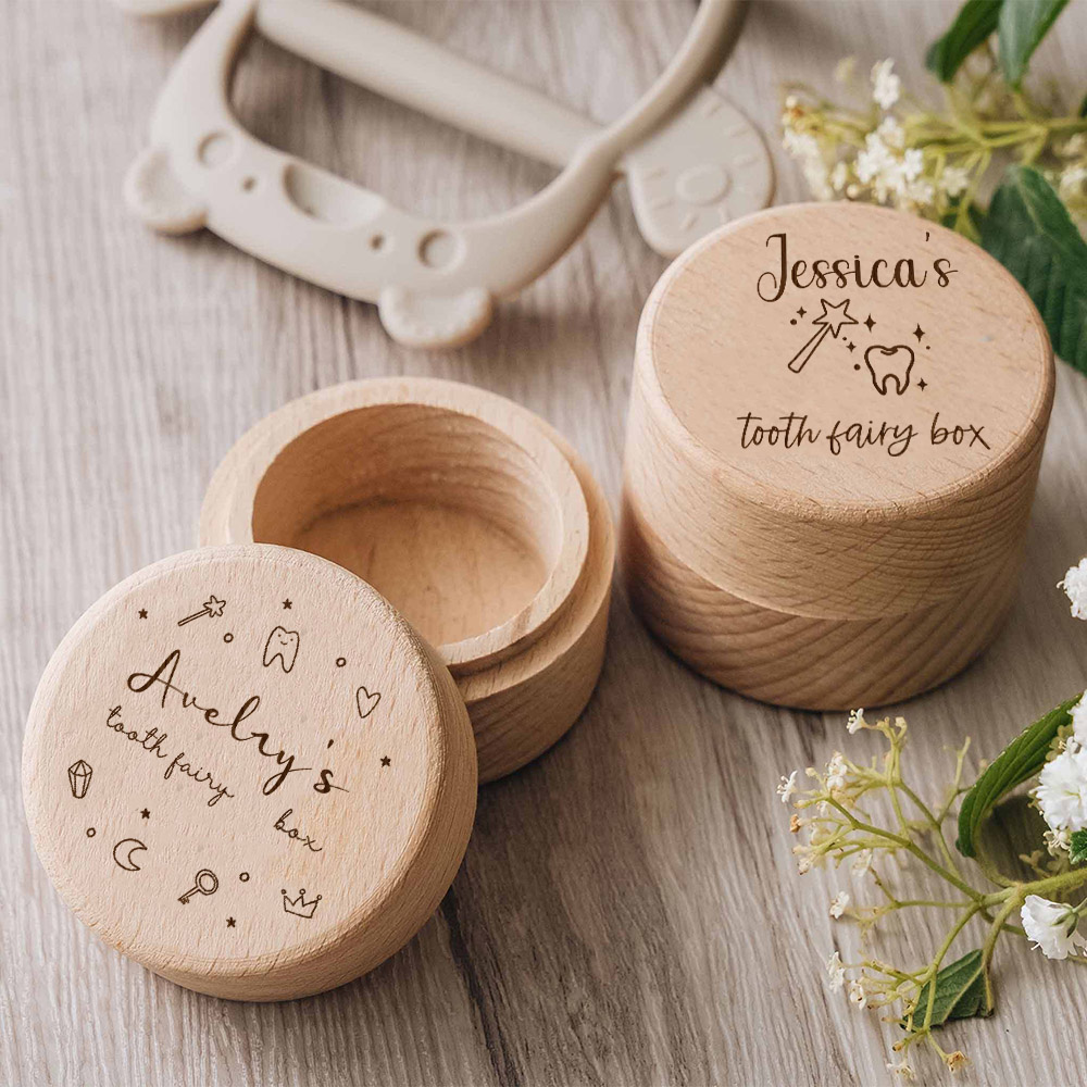 Baby Keepsake Box - ส่วนบุคคลฟัน Fairy กล่องของขวัญวันเกิด Keepsake แกะสลักที่กําหนดเองชื่อฟันไม้ Keepsake