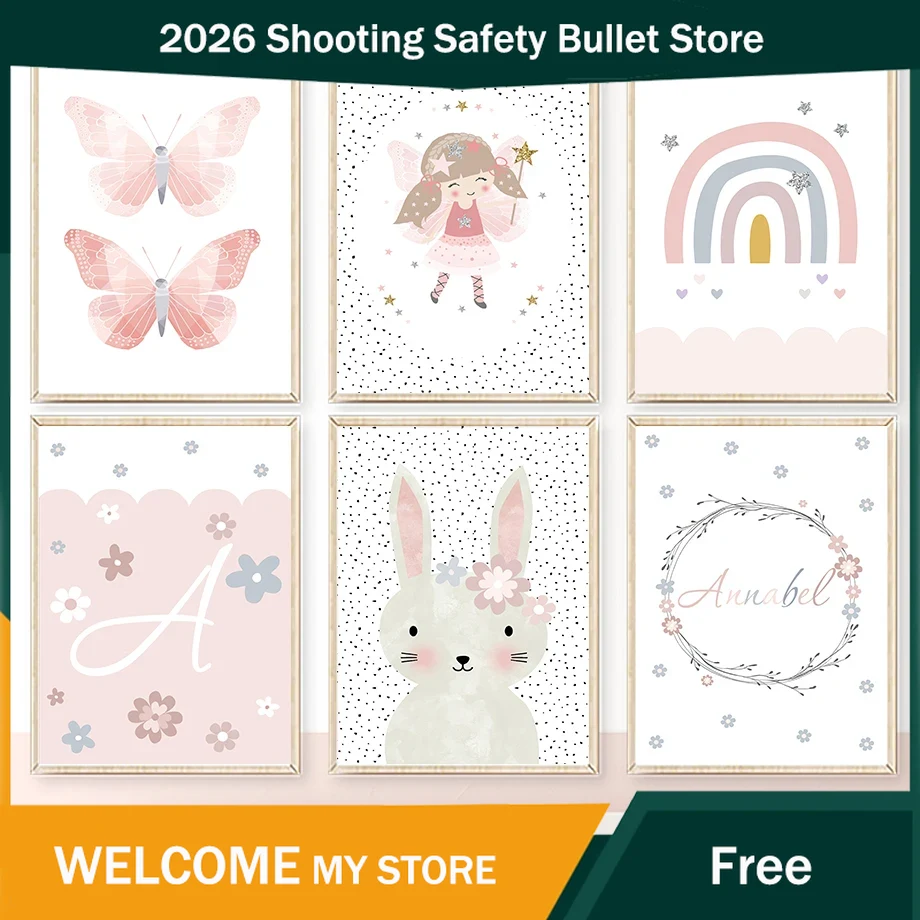 Baby Nursery Room - ภาพวาดบนผืนผ้าใบลายกระต่ายสาวน้อยน่ารัก ดอกไม้ ผีเสื้อ สายรุ้ง สำหรับตกแต่งผนังห้องเด็ก โปสเตอร์และภาพพิมพ์สำหรับตกแต่งห้องเด็กอ่อน