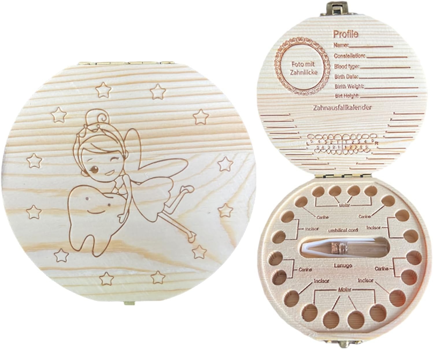 Baby Keepsake Box - กล่องเก็บฟันน้ำนมไม้ - ชุดเก็บความทรงจำสำหรับเด็ก ลายเทพนิยาย สำหรับเด็กหญิงและเด็กชาย