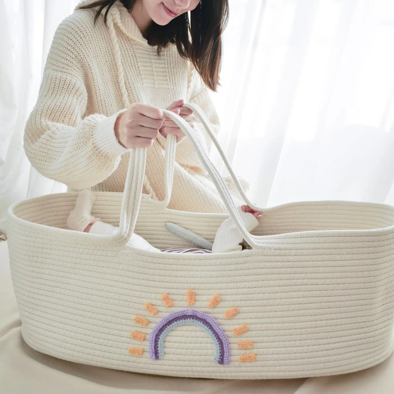 Baby Nursery Basket - ตะกร้าหิ้วเด็กอ่อนแบบพกพาสำหรับทารกแรกเกิด เปลเด็กทอ ตะกร้านอนกลางแจ้ง ตะกร้าเก็บของในห้องเด็กอ่อน อุปกรณ์ประกอบฉากถ่ายภาพ
