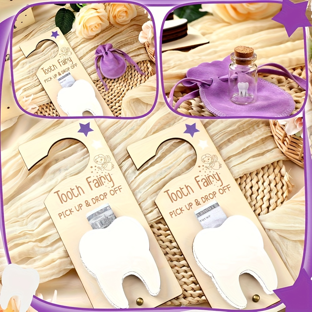 Baby Keepsake Box - ป้ายตกแต่งประตูรูปนางฟ้าฟันน้ำนม ชุดกล่องเก็บฟันน้ำนม (ประกอบด้วยจี้ฟันไม้ ขวดแก้ว ถุงเก็บของ) เหมาะสำหรับเป็นของขวัญในช่วงเปลี่ยนฟันและงานวันเกิด