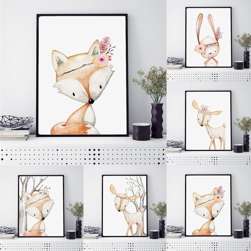 Baby Nursery Mirror - การ์ตูนกระต่ายโปสเตอร์ Fox Deer ภาพวาด Nursery Decor