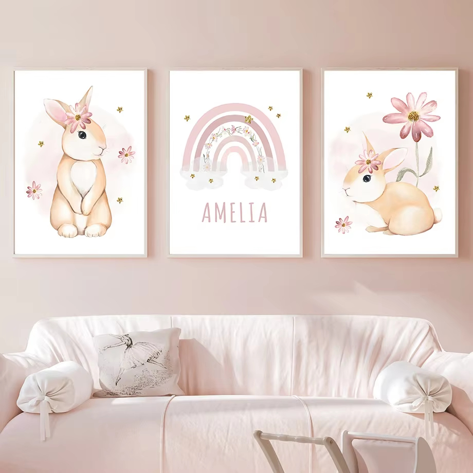 Baby Nursery Mirror - น่ารักสีน้ํากระต่ายสายรุ้งดอกไม้ Nursery Wall Art ภาพวาดผ้าใบการ์ตูนโปสเตอร์และภาพพิมพ์ภาพเด็กทารกตกแต่งห้อง