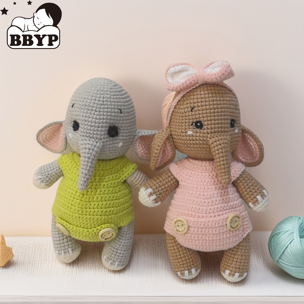 Baby Nursery Game - ของเล่นตุ๊กตาคู่ช้างโครเชต์แฮนด์เมด - ตุ๊กตาสัตว์นุ่มน่ารัก ของขวัญวันวาเลนไทน์สําหรับคู่รัก คนรัก เนอสเซอรี่เด็ก