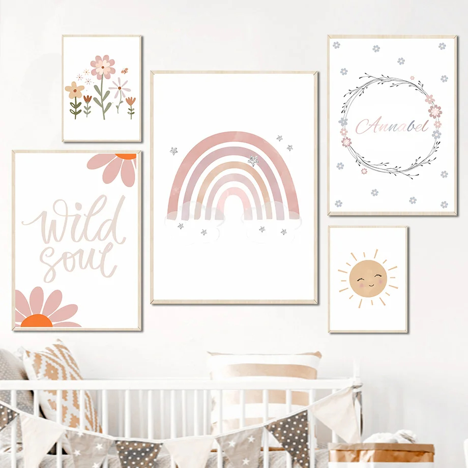 Baby Nursery Mirror - ภาพพิมพ์บนผ้าใบลายกระต่ายโบโฮ ดอกไม้ พระอาทิตย์ สายรุ้ง สำหรับตกแต่งผนังห้องเด็ก ภาพโปสเตอร์และภาพพิมพ์สไตล์นอร์ดิก