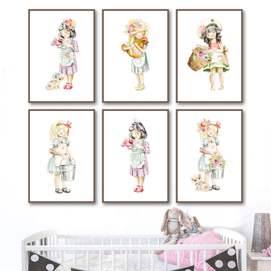 Baby Nursery Mirror - เด็กสาวน่ารักดอกไม้แมวไก่ Nordic โปสเตอร์และภาพพิมพ์ Wall Art ภาพวาดผ้าใบเนอสเซอรี่ภาพผนังสําหรับตกแต่งห้องเด็ก