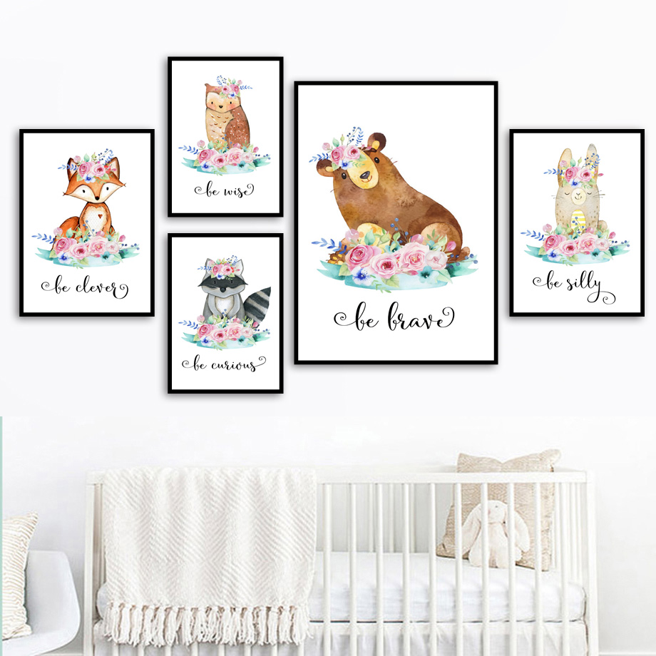 Baby Nursery Mirror - การ์ตูนฟ็อกซ์กวางกระต่ายเด็กสัตว์ Wall Art ภาพวาดผ้าใบ Nordic โปสเตอร์และพิมพ์ภาพผนัง