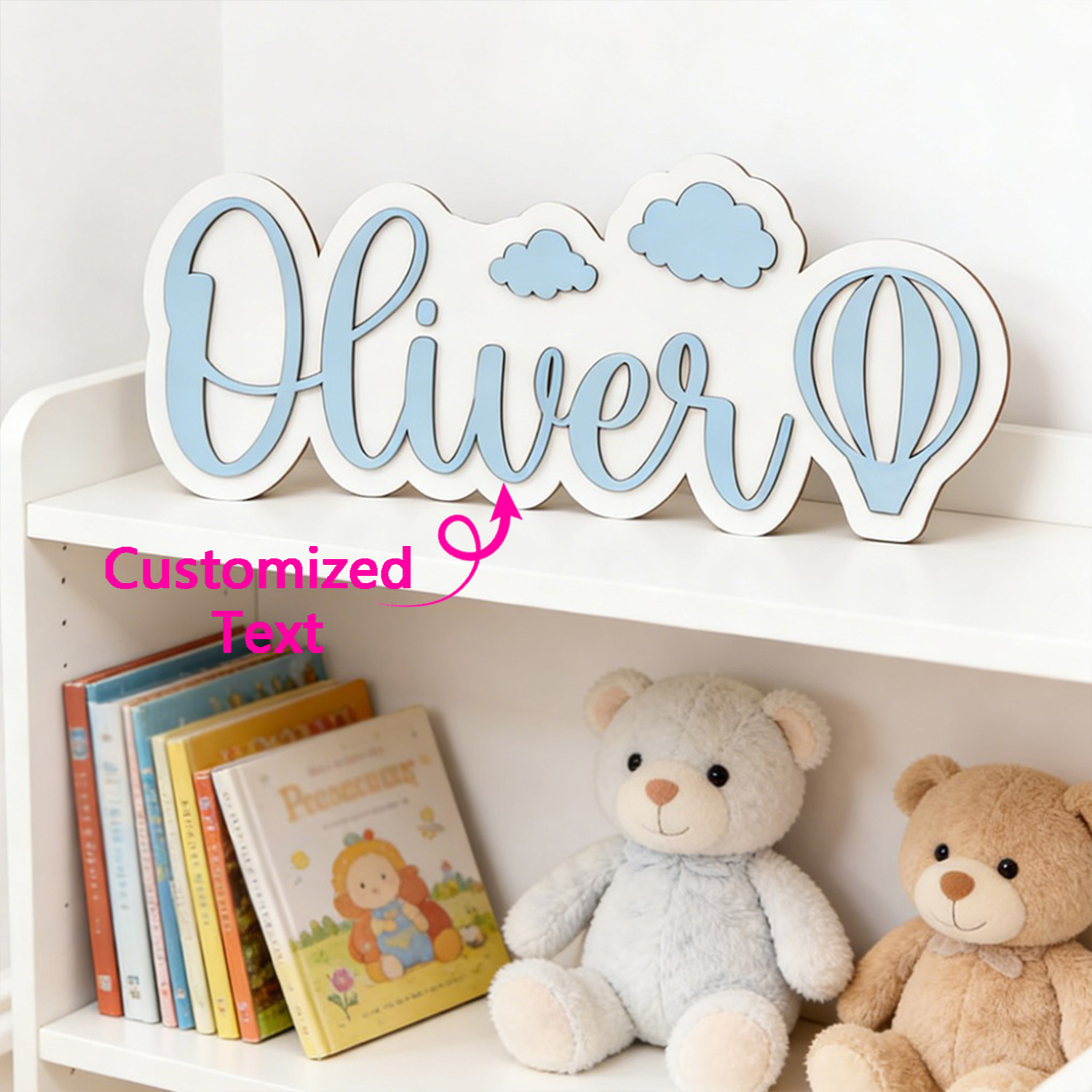 Baby Nursery Room - ป้ายชื่อห้องรูปบอลลูนลมร้อนและเมฆแบบปรับแต่งได้, ป้ายไม้สีฟ้าพาสเทลที่สามารถปรับแต่งได้, ของตกแต่งห้องนอนเด็ก, ของขวัญแสนหวาน