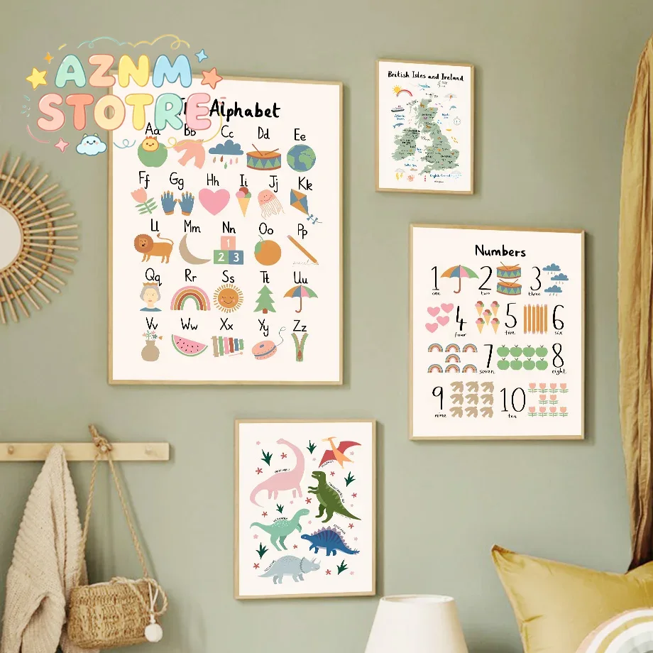 Baby Nursery Room - แผนที่โลกสัตว์ ไดโนเสาร์ ตัวอักษร ตัวเลข ภาพวาดบนผ้าใบ โปสเตอร์ตกแต่งผนังสำหรับห้องเด็กอ่อน