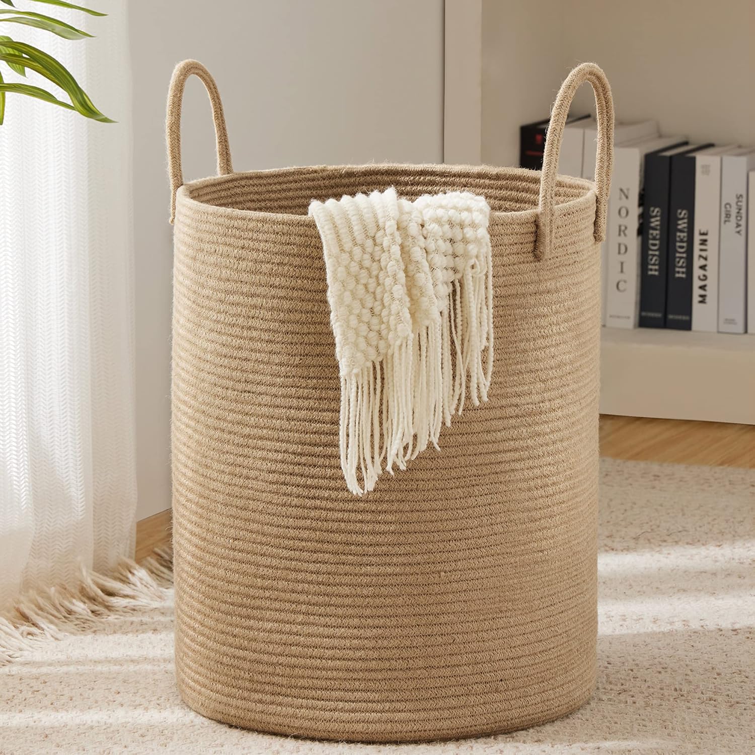 Baby Nursery Basket - ตะกร้าเก็บของขนาดใหญ่ทรงสูง ตะกร้าผ้าทอมือตกแต่งพร้อมหูหิ้ว พับเก็บได้ ทำจากเชือกฝ้าย สำหรับใส่เสื้อผ้า ของเล่นเด็ก
