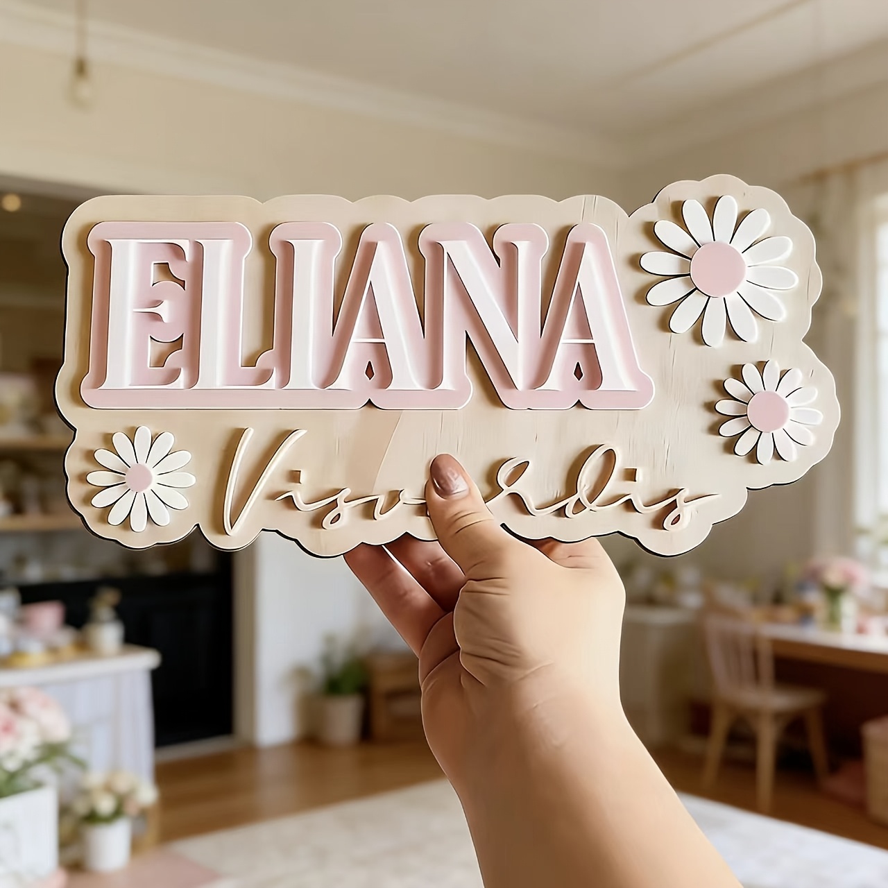 Baby Nursery Accent Wall - ป้ายไม้สลักชื่อคู่แบบปรับแต่งได้ลายดอกเดซี่, ของตกแต่งห้องเด็กสไตล์โบโฮ, ป้ายติดผนังห้องเด็ก, ของขวัญทำมือ