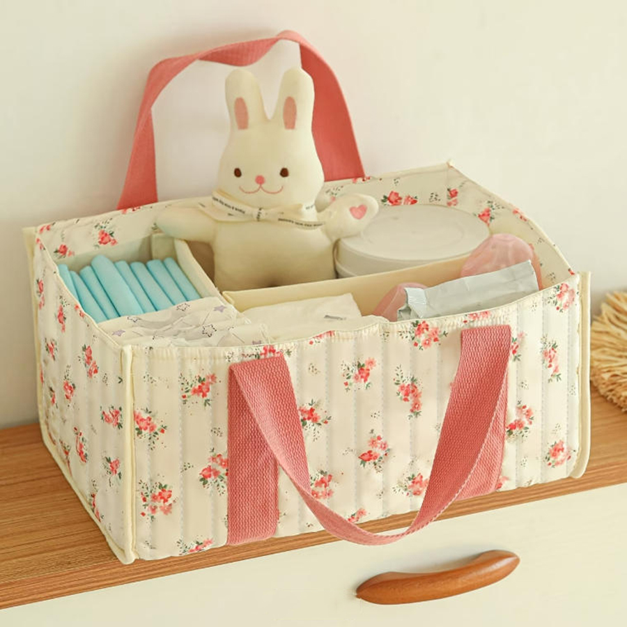 Baby Nursery Basket - ตะกร้าใส่ผ้าอ้อมลายดอกไม้, ตะกร้าเก็บของในห้องเด็กแบบพกพาพร้อมช่องแบ่ง, ของขวัญสำหรับเด็กแรกเกิด