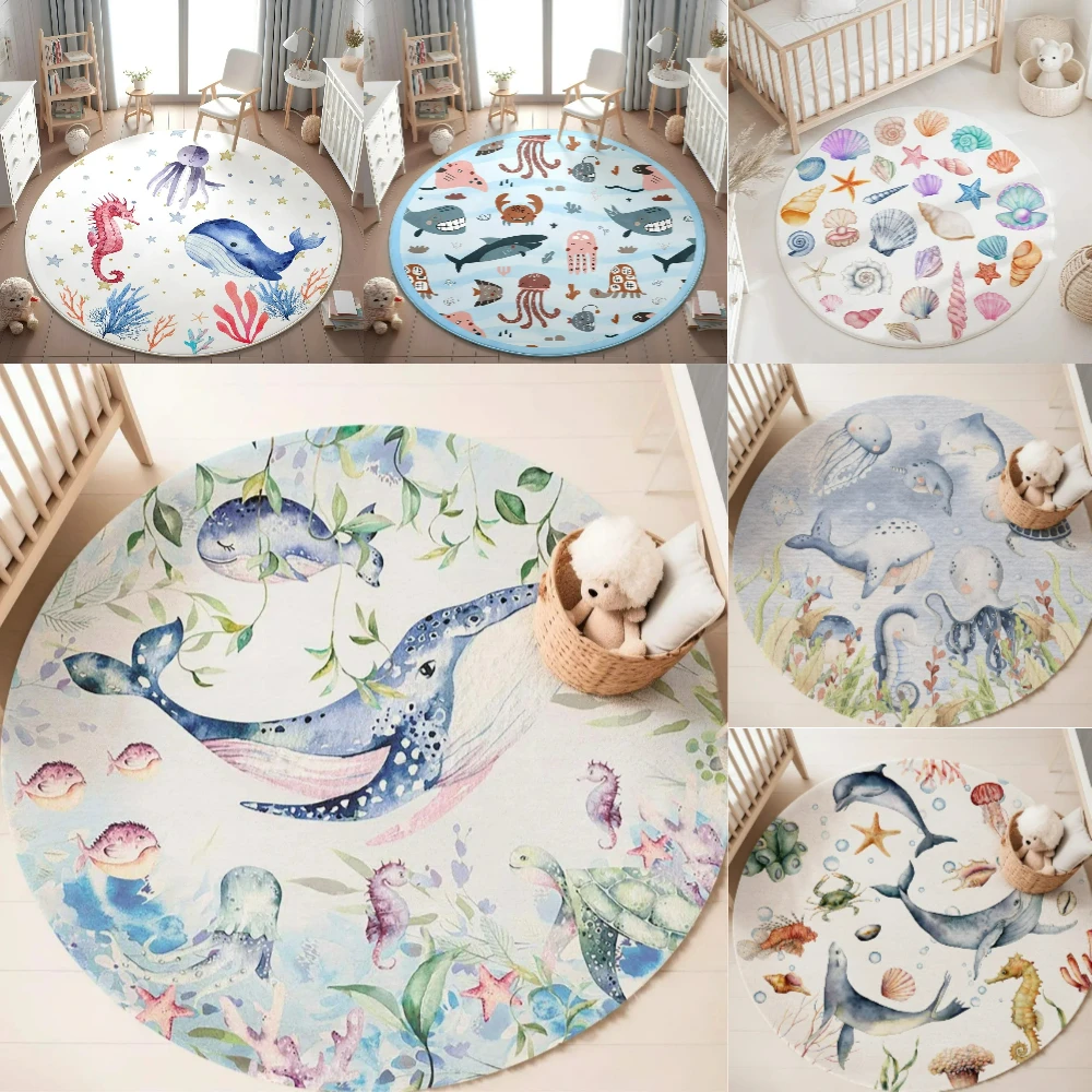 Baby Nursery Game - พรมลายสัตว์ทะเลสีฟ้า สำหรับห้องนั่งเล่น ห้องเด็กผู้หญิง ห้องเด็กเล่น ห้องนอน พรมนุ่ม